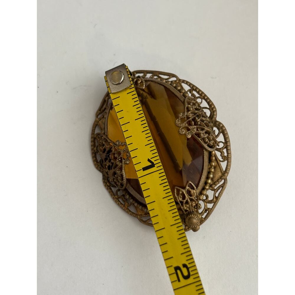 Vintage Antique Citrine Glass Brooch Filigree - Picture 6 of 6
